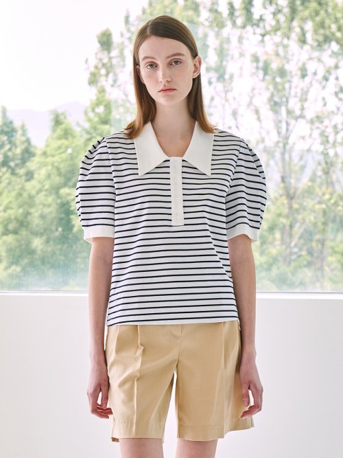 Stripe Puff Collar T Shirt Navy