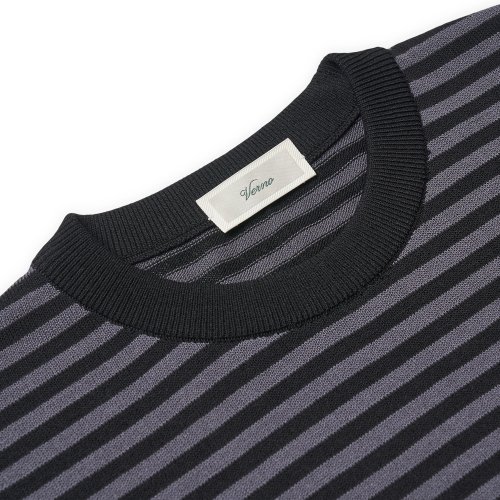 Casual Linen Like Short Sleeve Stripe Round Knit Black&Grey