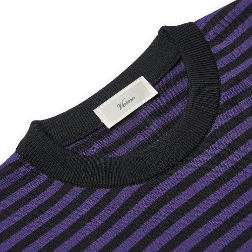 Casual Linen Like Short Sleeve Stripe Round Knit Black&Pupple
