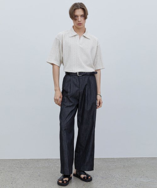 Легкие джинсовые слаксы из льна с защипами_Indigo Denim