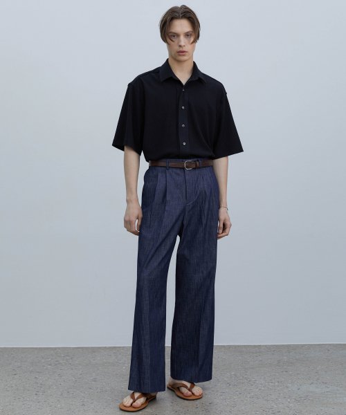 Широкие джинсы со складками из льна_Black Denim