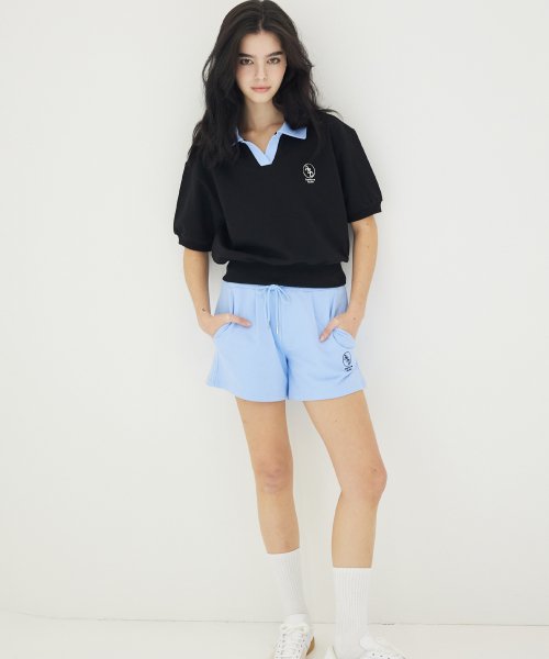 어썸스튜디오(AWESOME STUDIO) [SET] 배색 카라 크롭 반팔 + 원턱 쇼츠 셋업 블랙&스카이블루 - 사이즈 & 후기 | 무신사