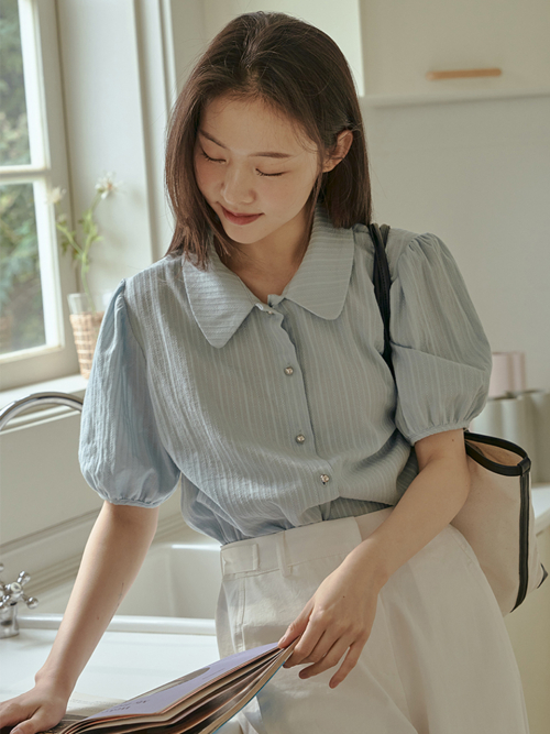 ROUND COLLAR BUTTON BLOUSE_SKY синий