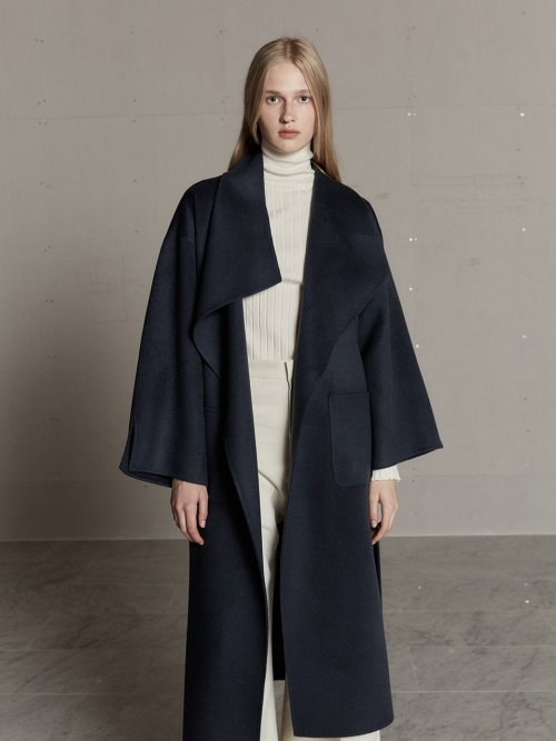 LUNDI Merino Wool Unbalance Shawl Collar Handmade пальто-Indigo тёмно-синий