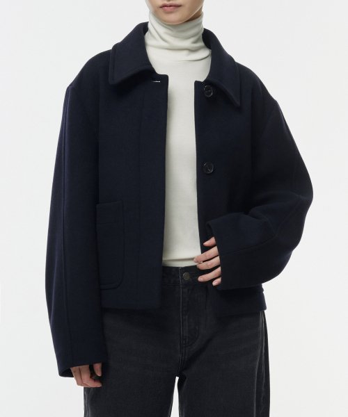 Женское короткое пальто Wool Blend с воротником под цигейку [Navy]