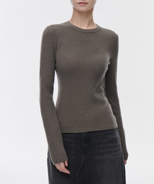 Womens Ribbed Slim Crew Neck Knit [Taupe] thumbnail 2