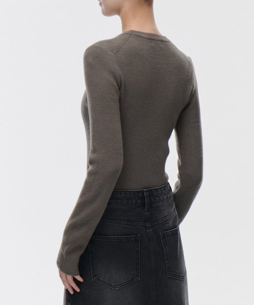 Womens Ribbed Slim Crew Neck Knit [Taupe] thumbnail 3