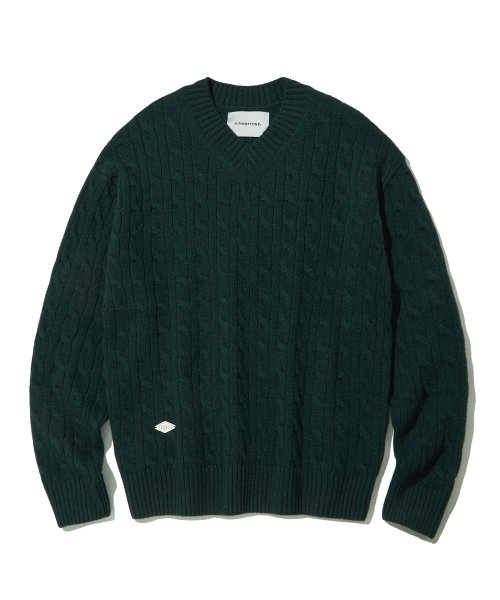 Cable V-neck Wool Sweater_Forest Green