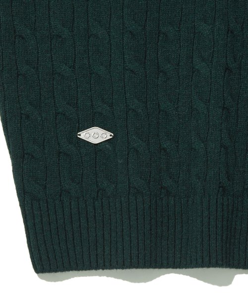 Cable V-neck Wool Sweater_Forest Green