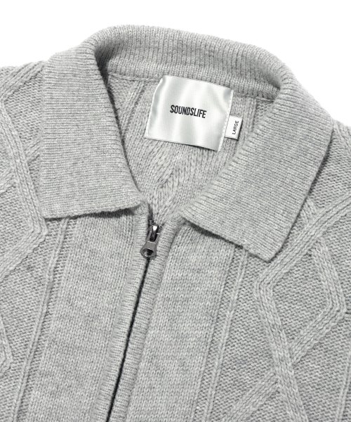 ZIGZAG Cable Collar Knit Zip-Up Light Grey