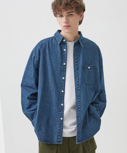 Stone Washed Oversized Denim Long Sleeve Shirt (MIDDLE BLUE) thumbnail 2