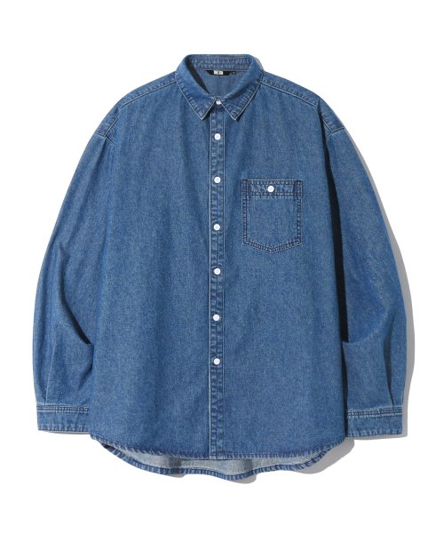 Stone Washed Oversized Denim Long Sleeve Shirt (MIDDLE BLUE) thumbnail 3