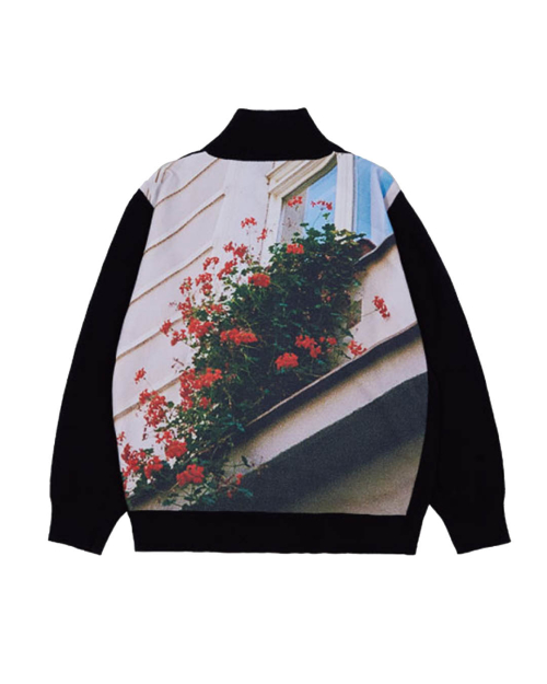 FLOWER PICTURE PRINTED KNIT ZIP UP (BLACK)