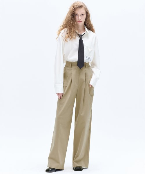 COTTON POCKET PINTUCK WIDE PANTS_BEIGE