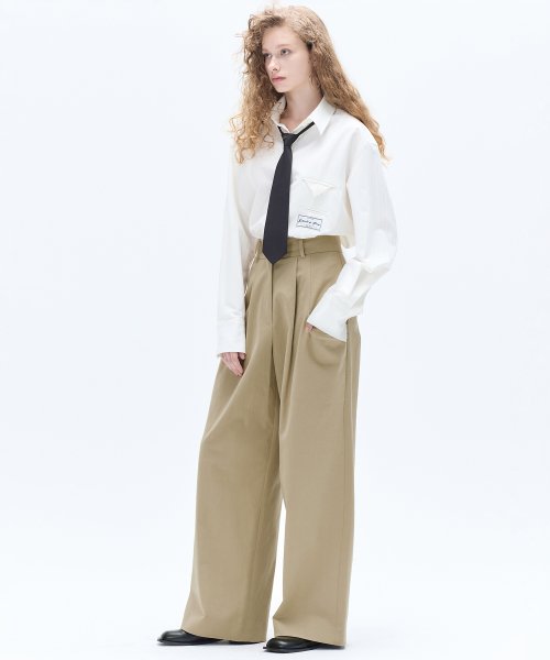 COTTON POCKET PINTUCK WIDE PANTS_BEIGE