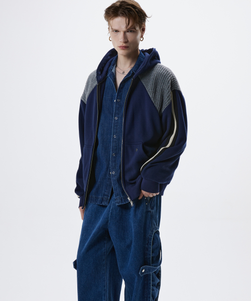 KNIT MIXED HOOD ZIPUP - NAVY