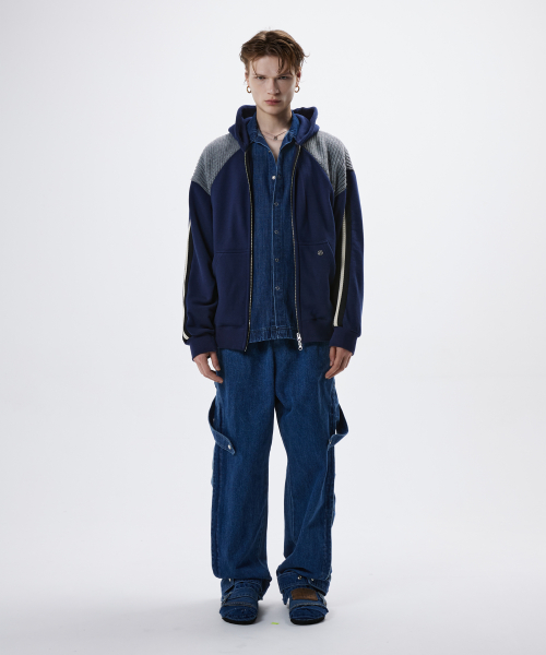 KNIT MIXED HOOD ZIPUP - NAVY