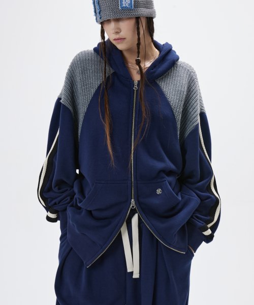 KNIT MIXED HOOD ZIPUP - NAVY