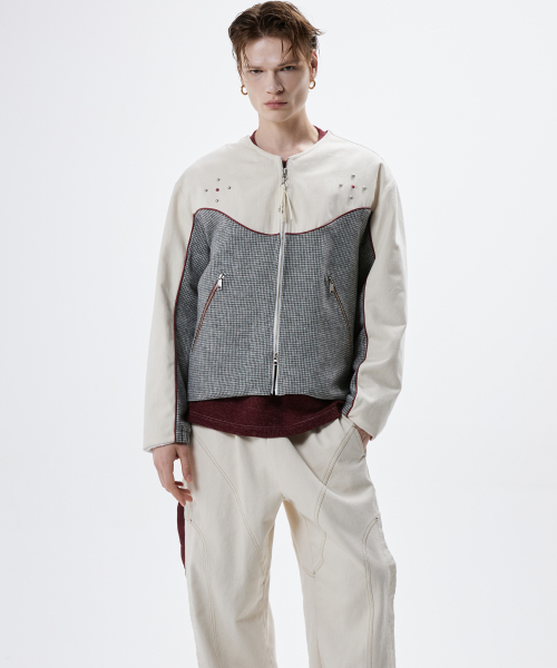 DENIM & CHECK ROUND NECK JACKET - IVORY