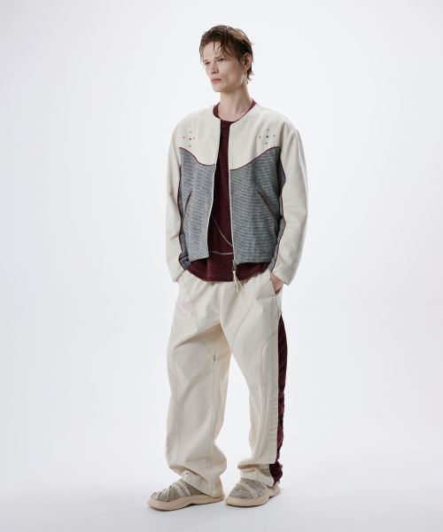 DENIM & CHECK ROUND NECK JACKET - IVORY