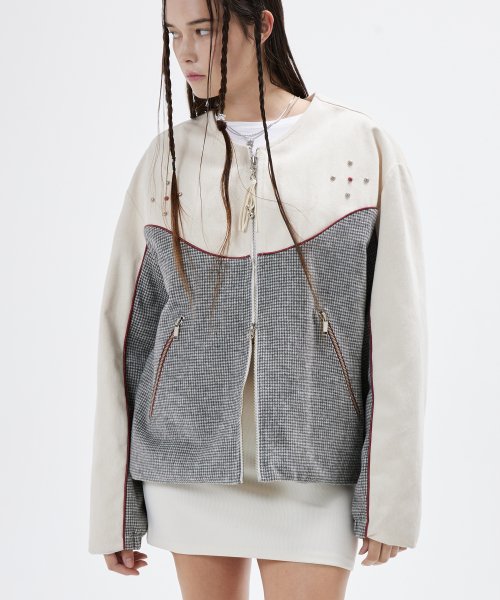 DENIM & CHECK ROUND NECK JACKET - IVORY