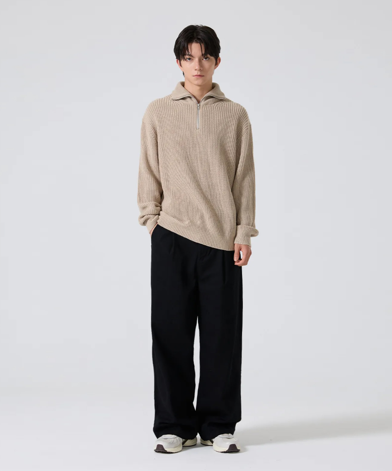 ONE-TUCK WIDE TWILL COTTON BANDING PANTS [BLACK]