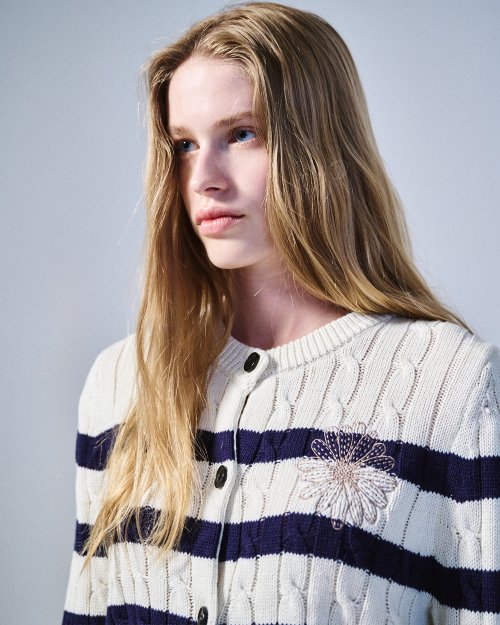 MUSINSA公式 | MARDI MERCREDI COTTON CARDIGAN ROUND NECK STRIPE_IVORY BEIGE