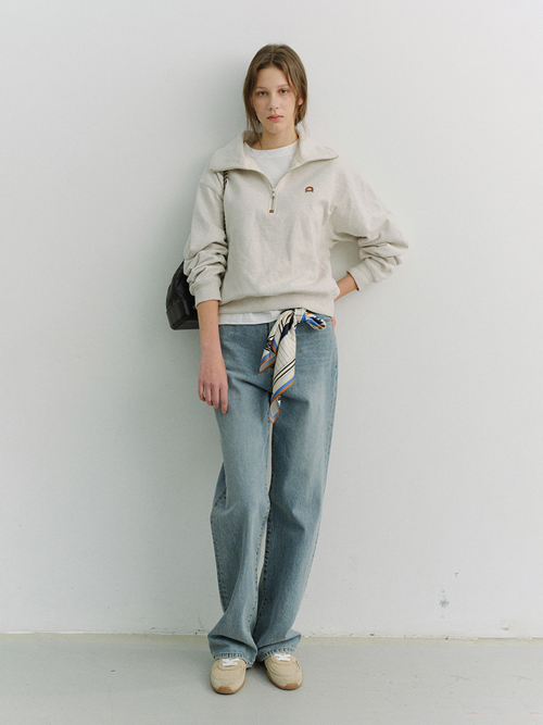UNISEX LEATHER LOGO HALF ZIP-UP SWEATSHIRT_UDTS6A107_OATMEAL MELANGE
