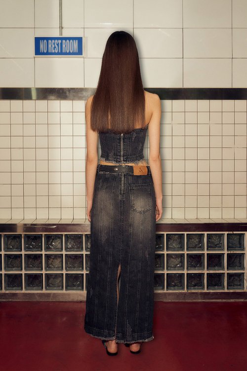 DENIM PANELLED TUBE TOP (BLACK)