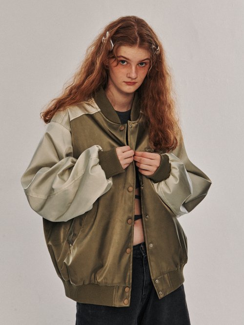 MUSINSA | SOME PLACE Oversized Embroidery Stadium Color Matching Jacket  Baseball Jumper [Khaki]