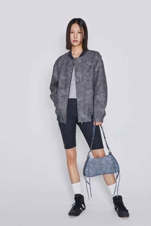 LEATHER OVERSIZED BOMBER JACKET (CHARCOAL)