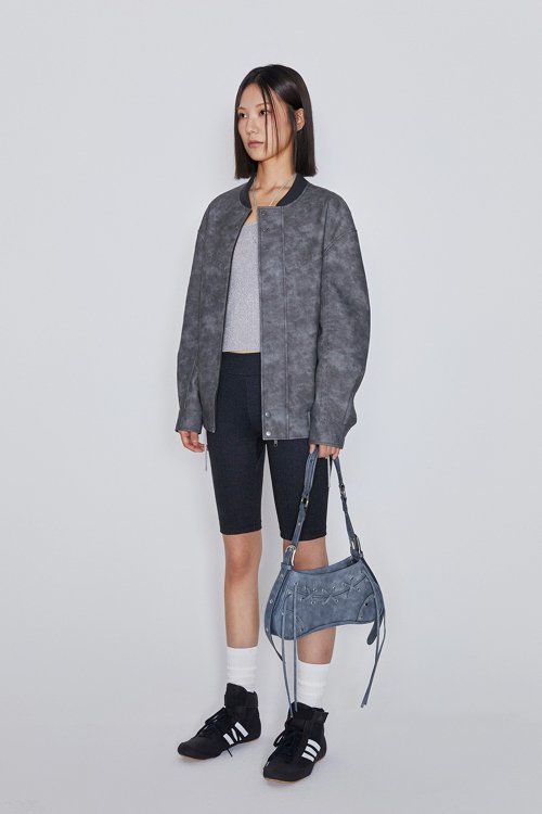 LEATHER OVERSIZED BOMBER JACKET (CHARCOAL)