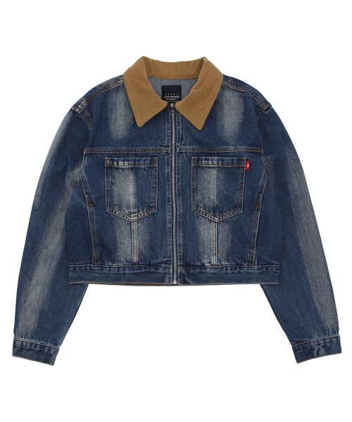 CORDUROY COLLAR ZIPPER DENIM JACKET [BLUE]