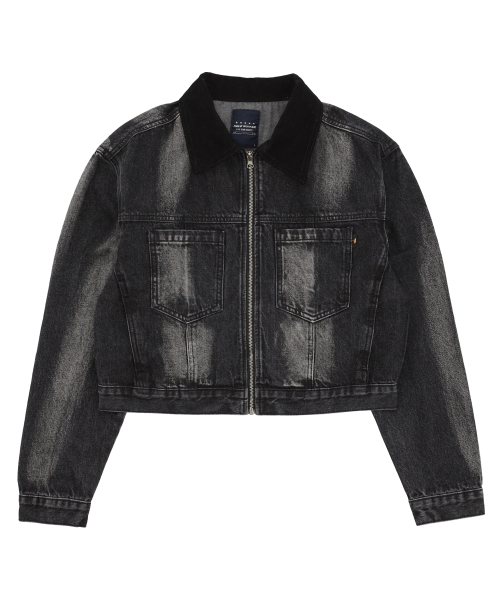 CORDUROY COLLAR ZIPPER DENIM JACKET [BLACK]