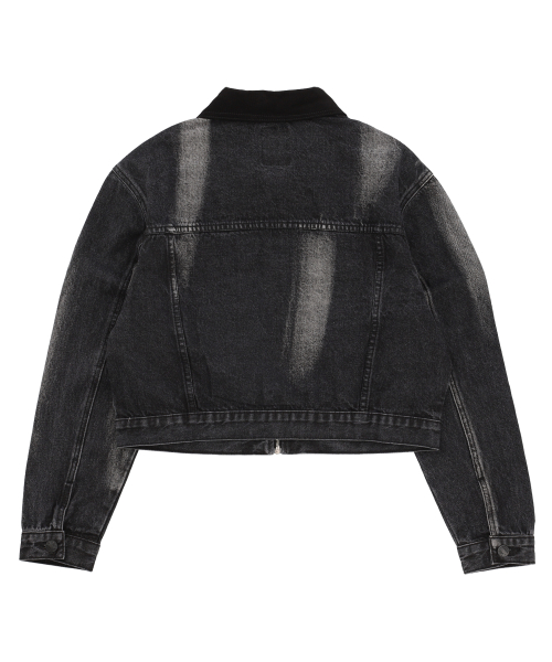 CORDUROY COLLAR ZIPPER DENIM JACKET [BLACK]