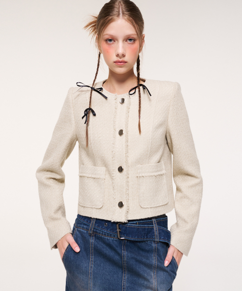 Fringe Line Tweed Jacket, Beige