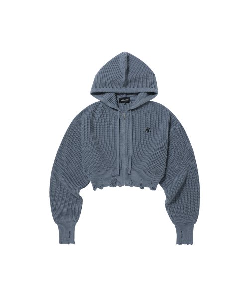 MUSINSA | ウアロン Damage knit hood zip-up - BLUE