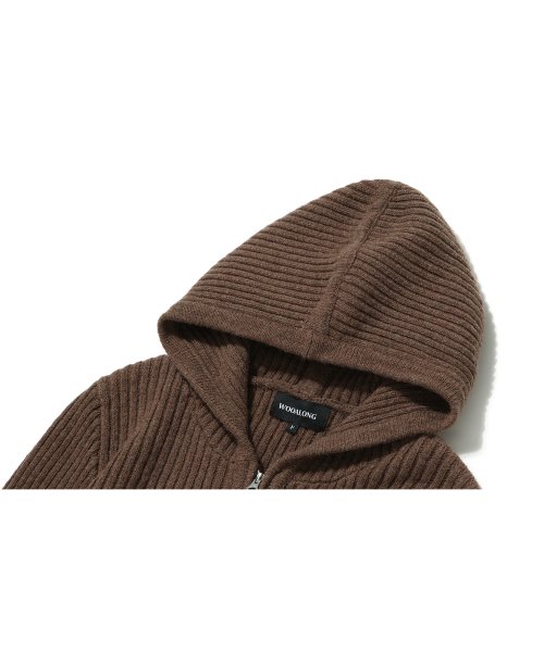우알롱(WOOALONG) Signature slim hood knit zip-up - BROWN - 사이즈