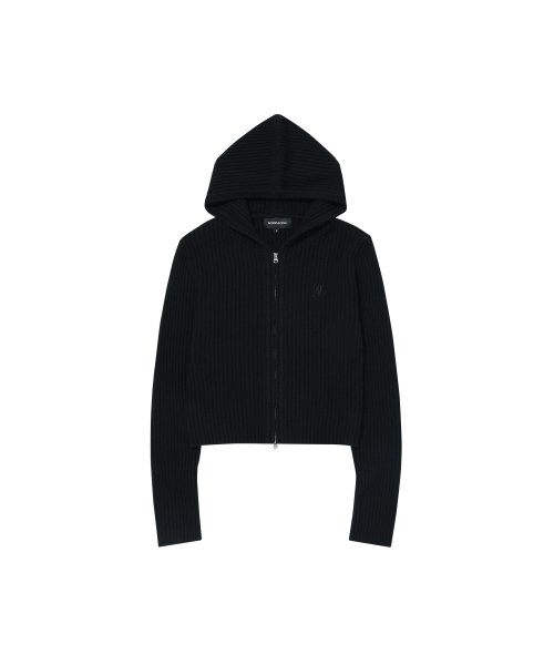 MUSINSA | WOOALONG Signature slim hood knit zip-up - BLACK