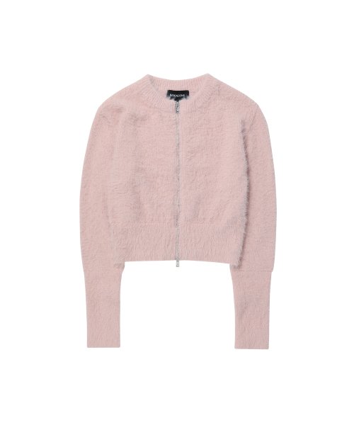 MUSINSA | WOOALONG Hairy knit zip-up cardigan - DUSTY PINK