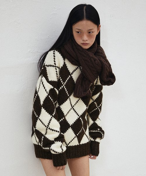 Argyle Knit Pullover (Cream/Brown)