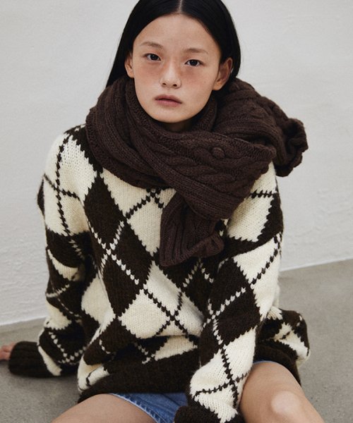 Argyle Knit Pullover (Cream/Brown)