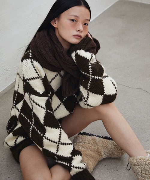 Argyle Knit Pullover (Cream/Brown)