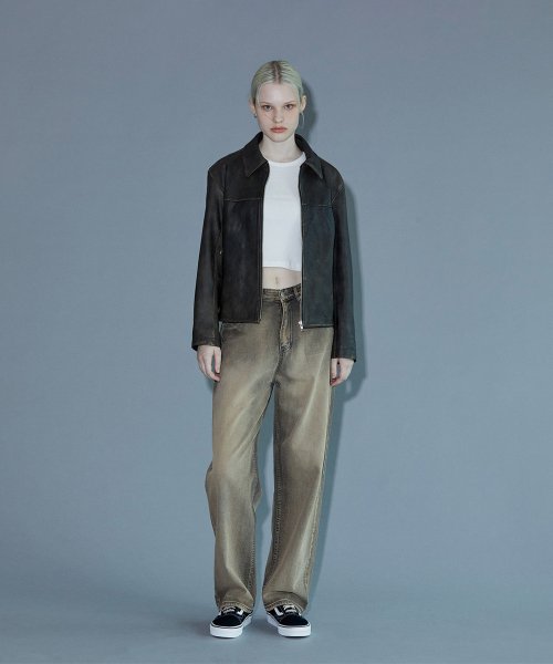 (WOMEN) Двухцветная кожаная куртка с эффектом варки