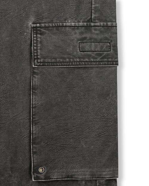WASHED LEATHER MULTI CARGO PANTS FADE BLACK
