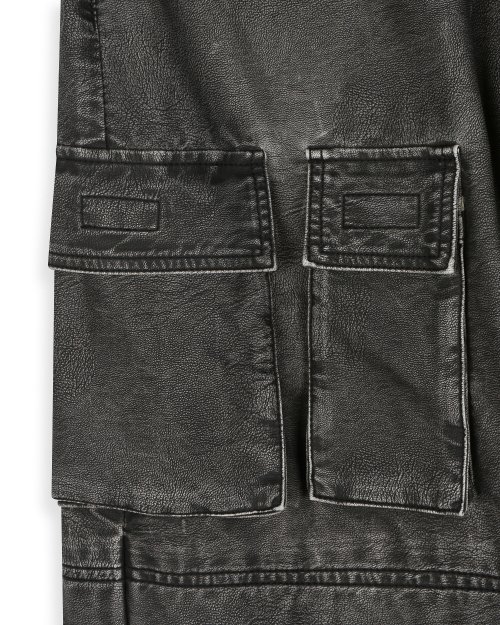 WASHED LEATHER MULTI CARGO PANTS FADE BLACK