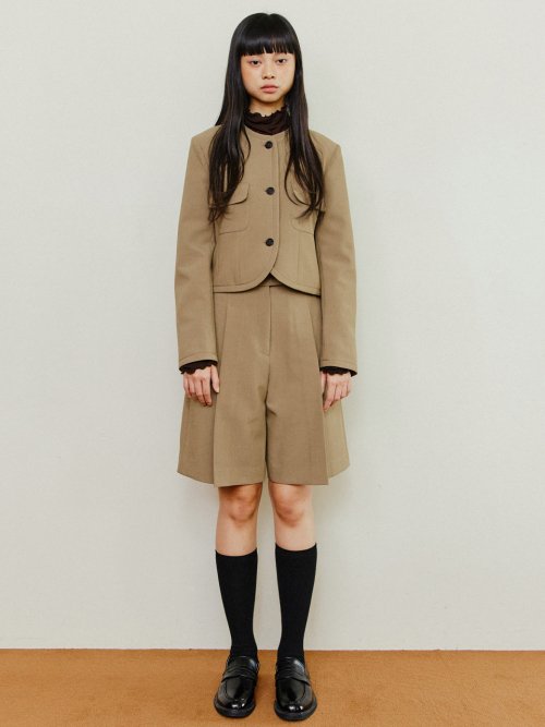 Celine Round No Collar Crop Jacket - Beige