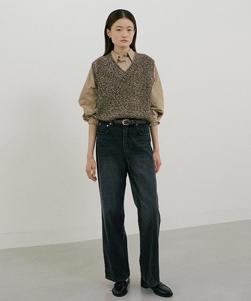 mix knit vest-darkbrown