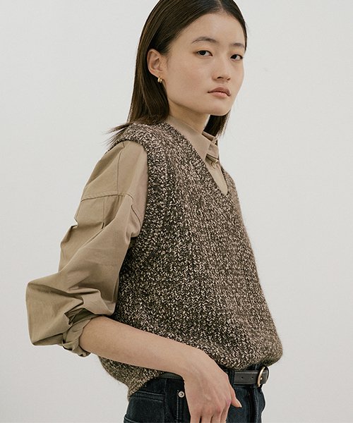 mix knit vest-darkbrown