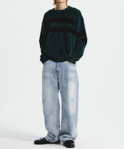 COLOR BLOCK HAIRY KNIT (DEEP GREEN)